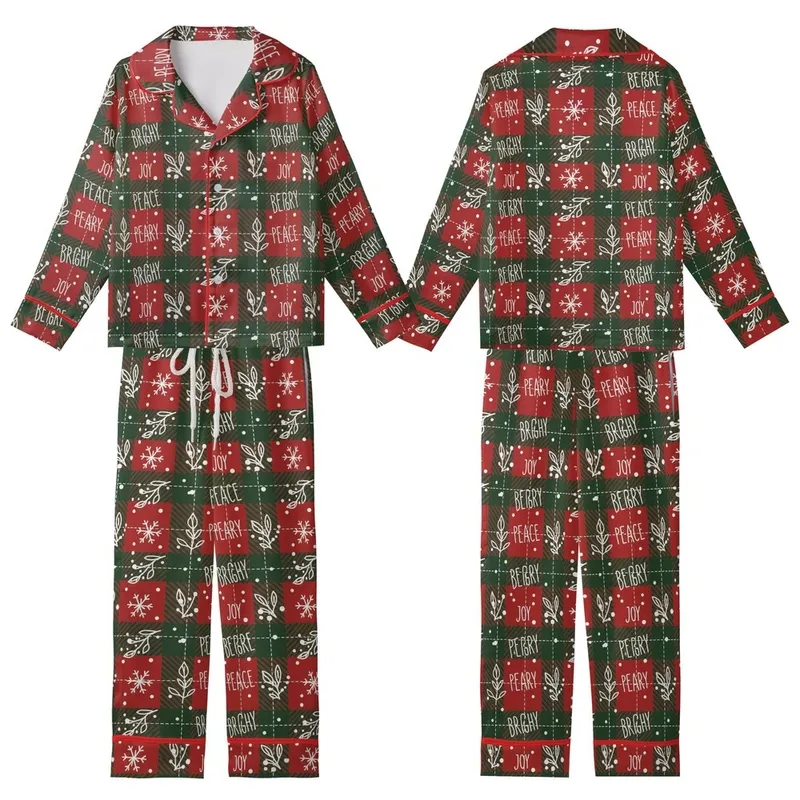 Festive Winter Charm: Seamless Red Green Plaid, Hand-Drawn Snowflakes, Berries & Joyful Text Pattern Kid Satin Pajamas Set - 1