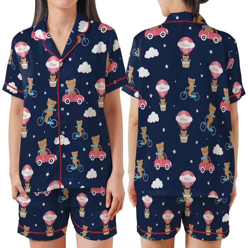 Little Dreamer's Teddy Bear Car & Balloon Journey Fabric Design Satin Short-Sleeve Pajamas Set - 1