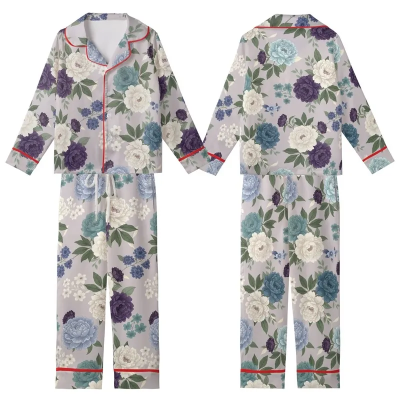 Bridesmaid Women's  Painterly Peony Floral Rayon Cotton Long Sleeve Long Pants Sleepwear Kid Satin Pajamas Set - 1