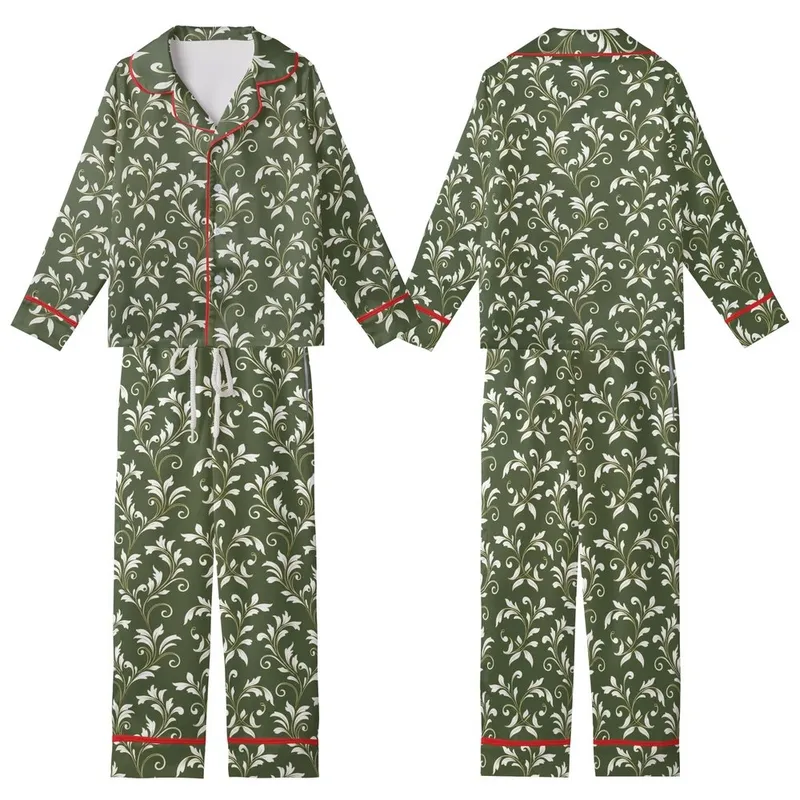 Bridesmaid Wedding Party: Olive Green Botanical Vine White Gold Lined Rayon Sleep Set Kid Satin Pajamas Set - 1