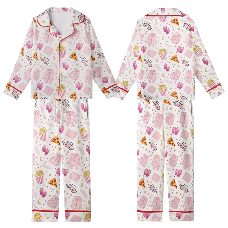 Slumber Party Pajamas: Whimsical Pink Pizza, Popcorn, Sleep Mask & Star Pattern - Cozy Sleepwear Kid Satin Pajamas Set - 1