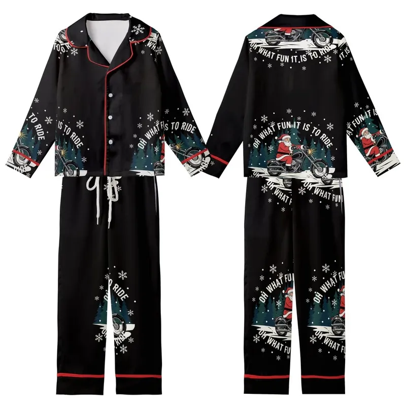 Vintage Santa Chopper Ride: Dynamic Snowy Landscape Flat Graphic All-Over Print Kid Satin Pajamas Set - 1