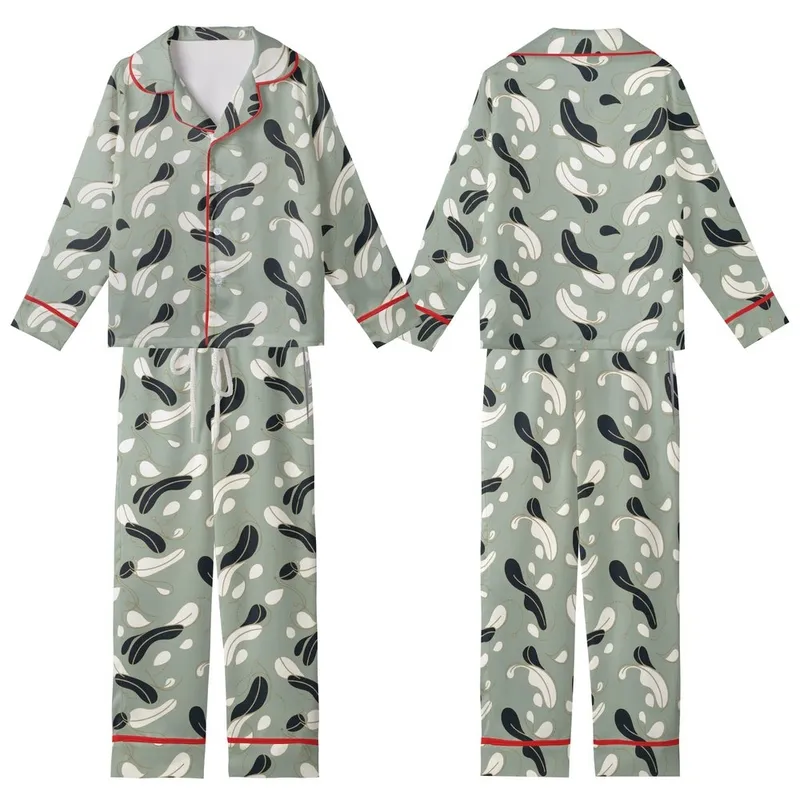 Bridesmaid Muted Sage Abstract Feather Pattern Luxury Loungewear Set with Removable Cuffs Kid Satin Pajamas Set - 1