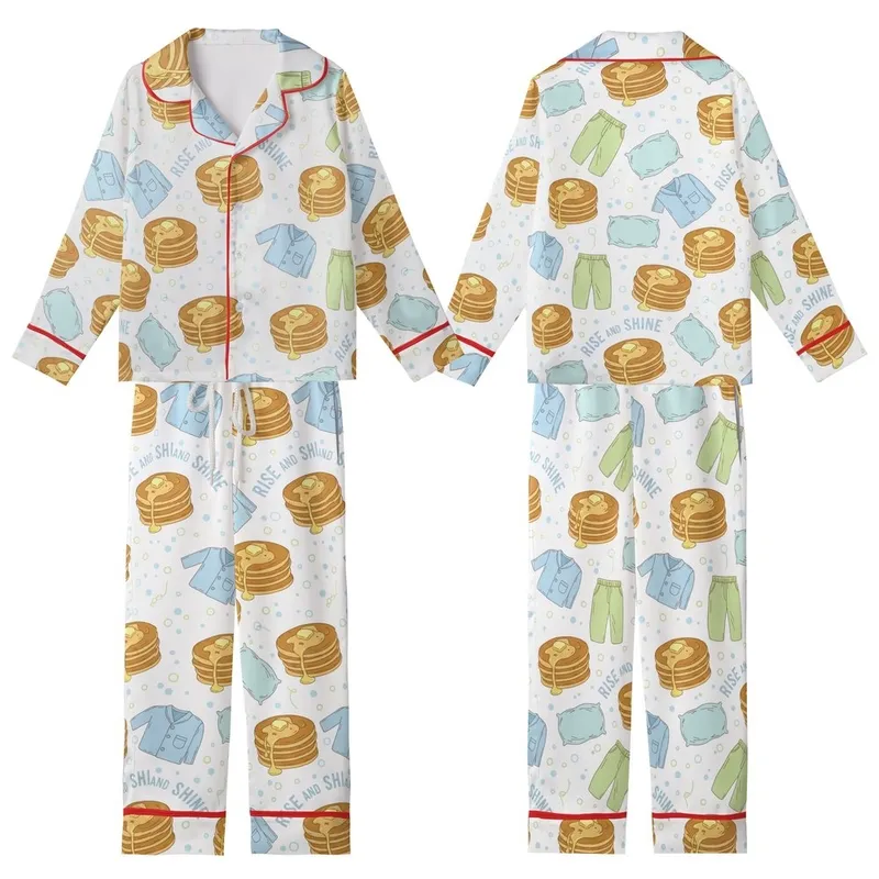 Pancakes & Pajamas Theme: Whimsical Golden Breakfast & Cozy Blue Green Pattern Pajamas Kid Satin Pajamas Set - 1