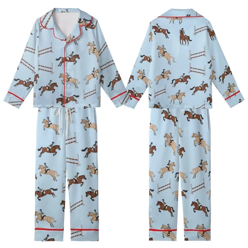 Women's Preppy Horse Pajamas: Colorful Showjumping Equestrian Pattern - Relaxed Fit Sleepwear Pants Kid Satin Pajamas Set - 1