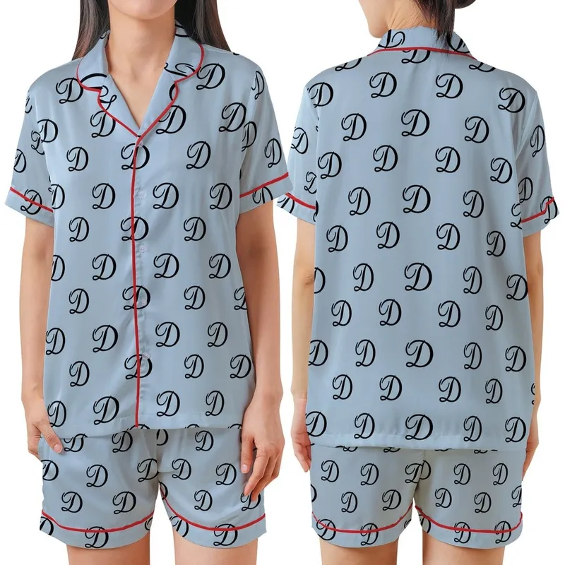 Women's Light Blue Rayon Sleep Tunic - Bridesmaid Elegant Black Script 'D' Pattern Satin Short-Sleeve Pajamas Set - 1