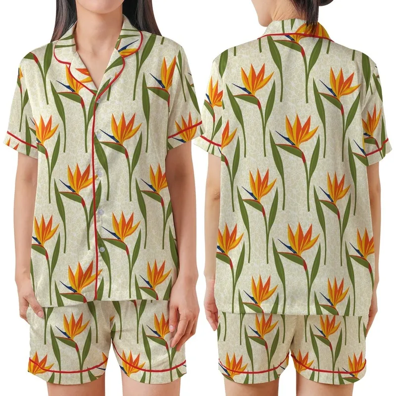Bridesmaid White Silk Peignoir Pajama Set: Bird of Paradise & Delicate Lace Floral Print Satin Short-Sleeve Pajamas Set - 1
