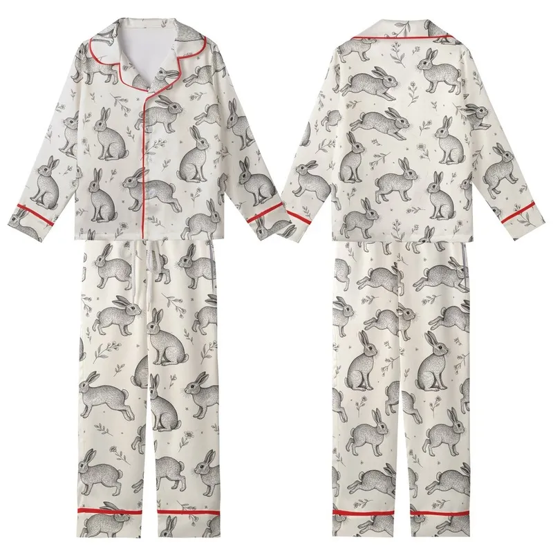 Rabbit Lover's Black & Grey Etched Bunny & Botanical Print Relaxed Comfort Sleep Set Kid Satin Pajamas Set - 1