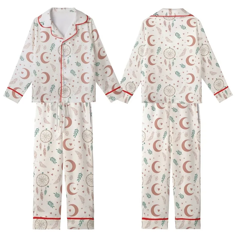 Bohemian Dreamer's: Dusty Rose Moon & Ethereal Dreamcatcher Art Pattern Kid Satin Pajamas Set - 1