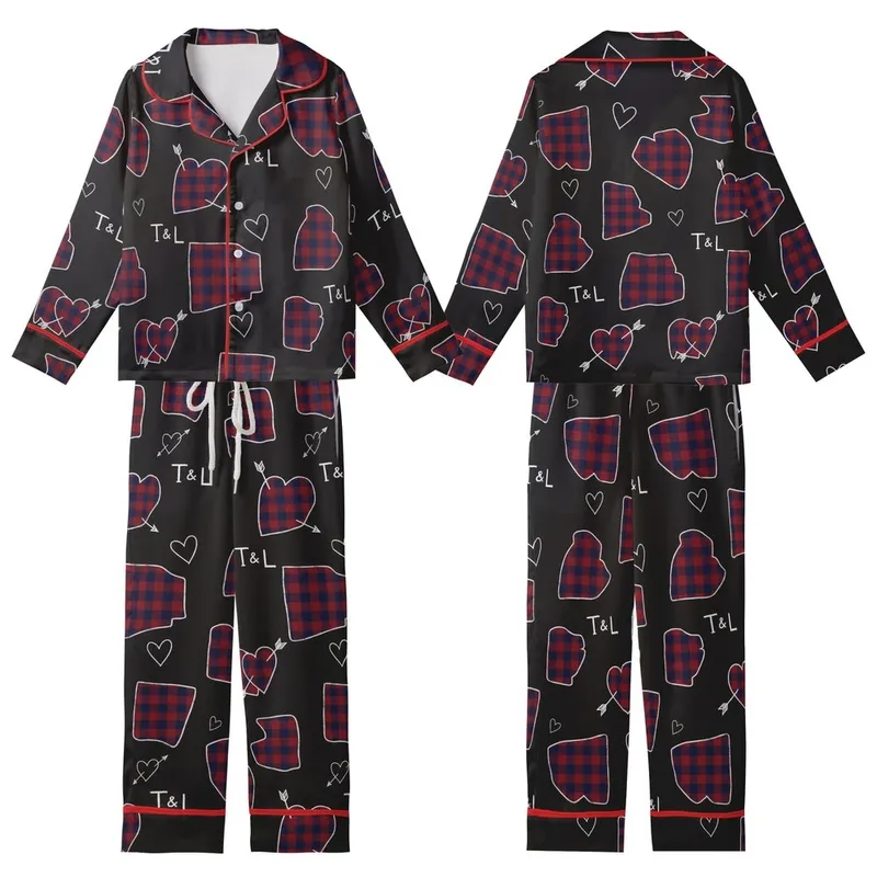 Romantic Aesthetic Black Plaid: Sketched Hearts, Arrows, T&L Initials All-Over Motif Kid Satin Pajamas Set - 1