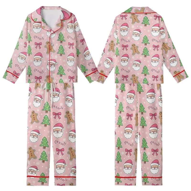Coquette Christmas: Pastel Pink Santa, Gingerbread & Bow Cartoon Satin Pajamas Kid Satin Pajamas Set - 1