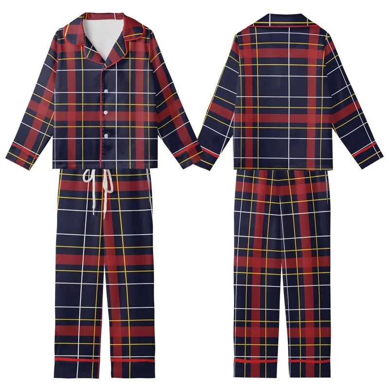Classic Tartan Plaid: Deep Navy Crimson Red Gold Geometric Pattern - Heritage Style Motif Kid Satin Pajamas Set - 1