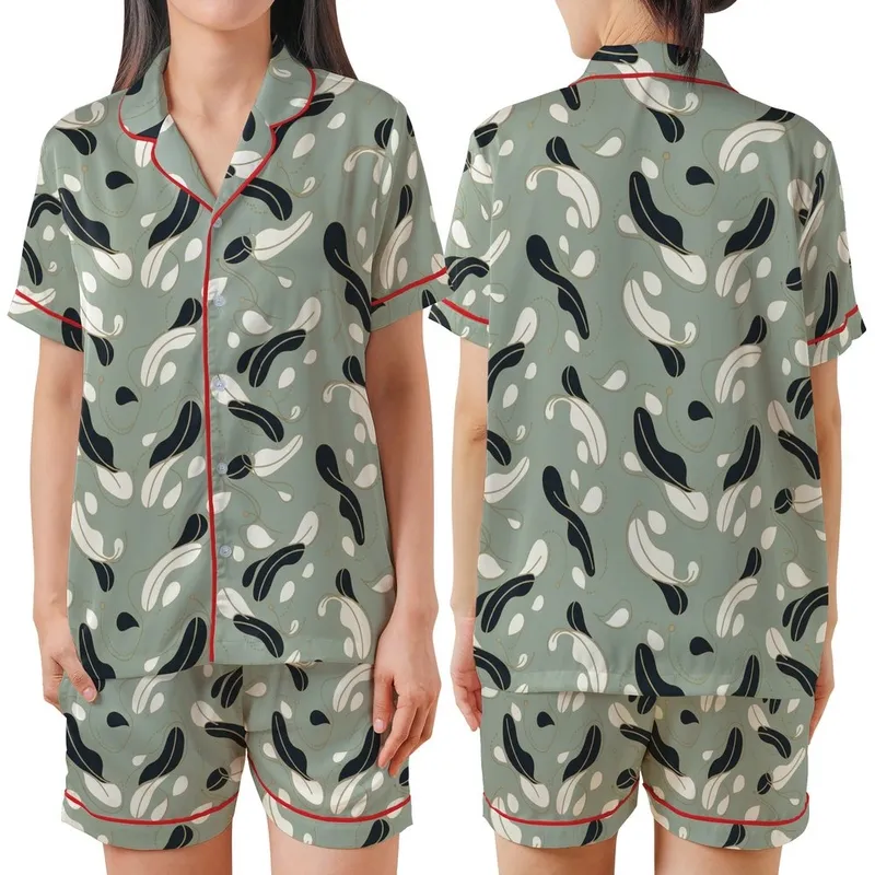 Bridesmaid Muted Sage Abstract Feather Pattern Luxury Loungewear Set with Removable Cuffs Satin Short-Sleeve Pajamas Set - 1