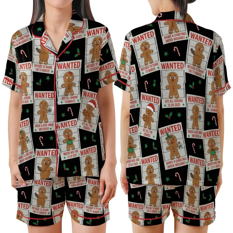 Holiday Enthusiast Gingerbread: Wanted Poster Festive Antics Collage - Whimsical Black Red Green Design Satin Short-Sleeve Pajamas Set - 1
