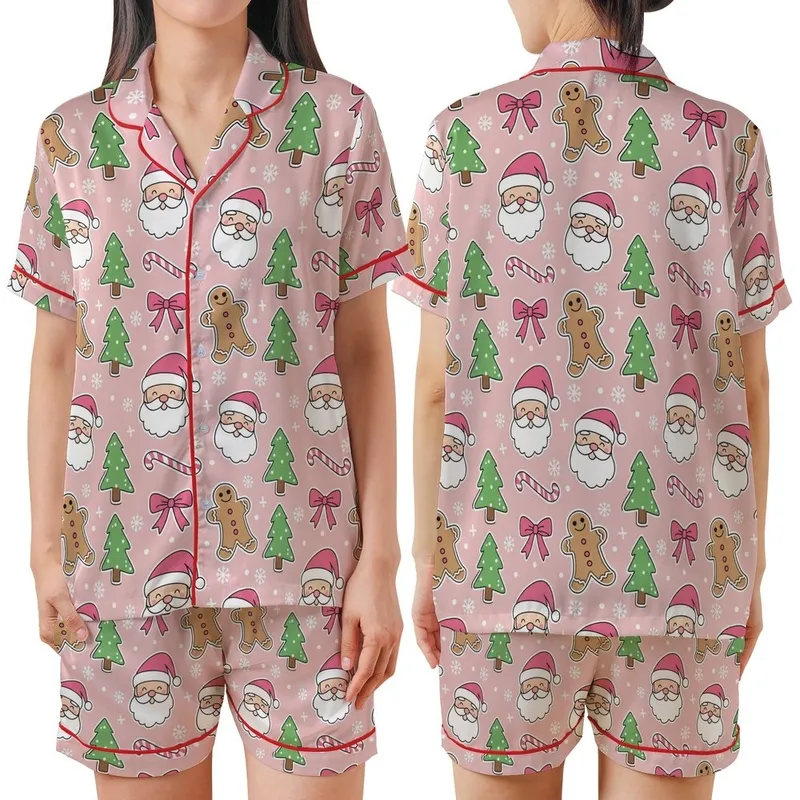 Coquette Christmas: Pastel Pink Santa, Gingerbread & Bow Cartoon Satin Pajamas Satin Short-Sleeve Pajamas Set - HP5XVDAMKC