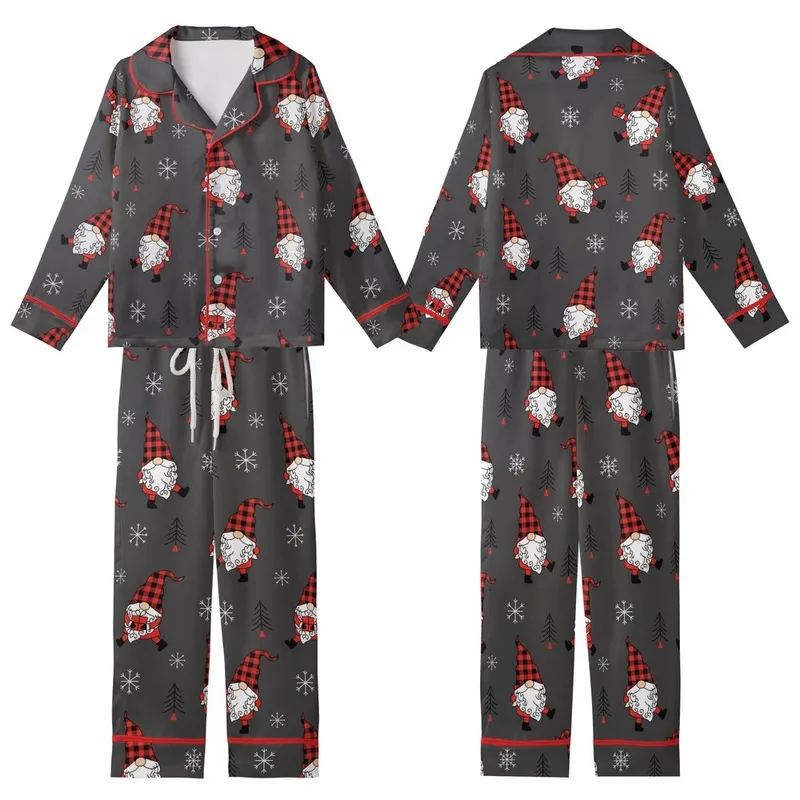 Whimsical Gnome Fan: Buffalo Plaid Gnomes, Snowflakes & Evergreen Dark Charcoal Allover Print Kid Satin Pajamas Set - 1