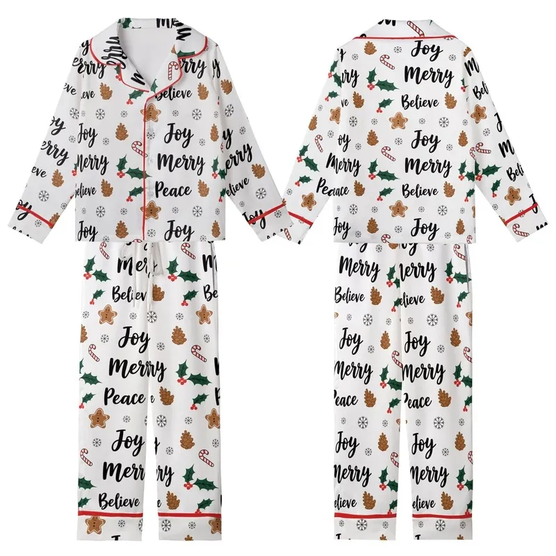 Whimsical Holiday Pattern: Joy Peace Merry Believe Text & Pinecone Holly Art - Seamless Vector Print Kid Satin Pajamas Set - 1