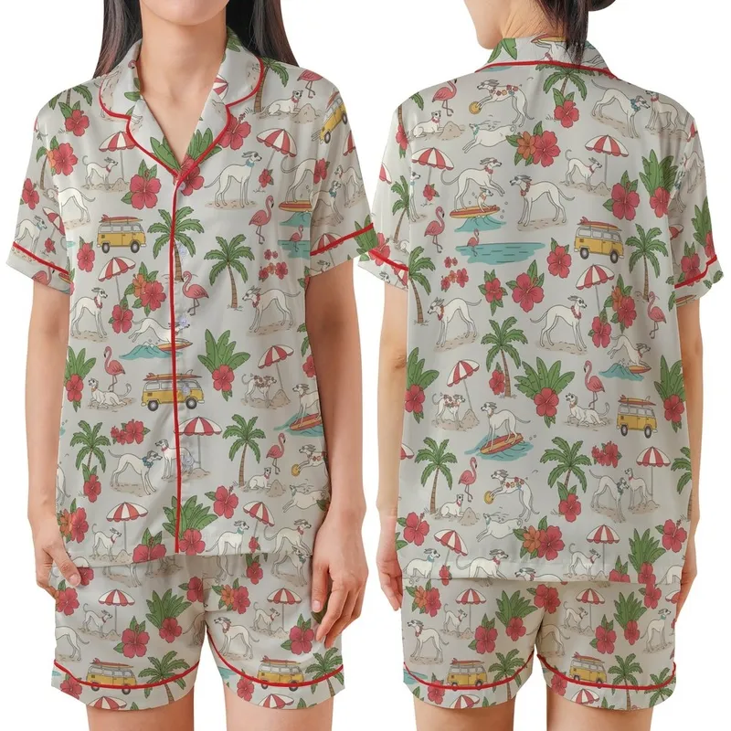 Dog Lover's Whimsical Tropical Party Art: Retro Greyhounds & Flamingos - Muted Greige Design Satin Short-Sleeve Pajamas Set - 1