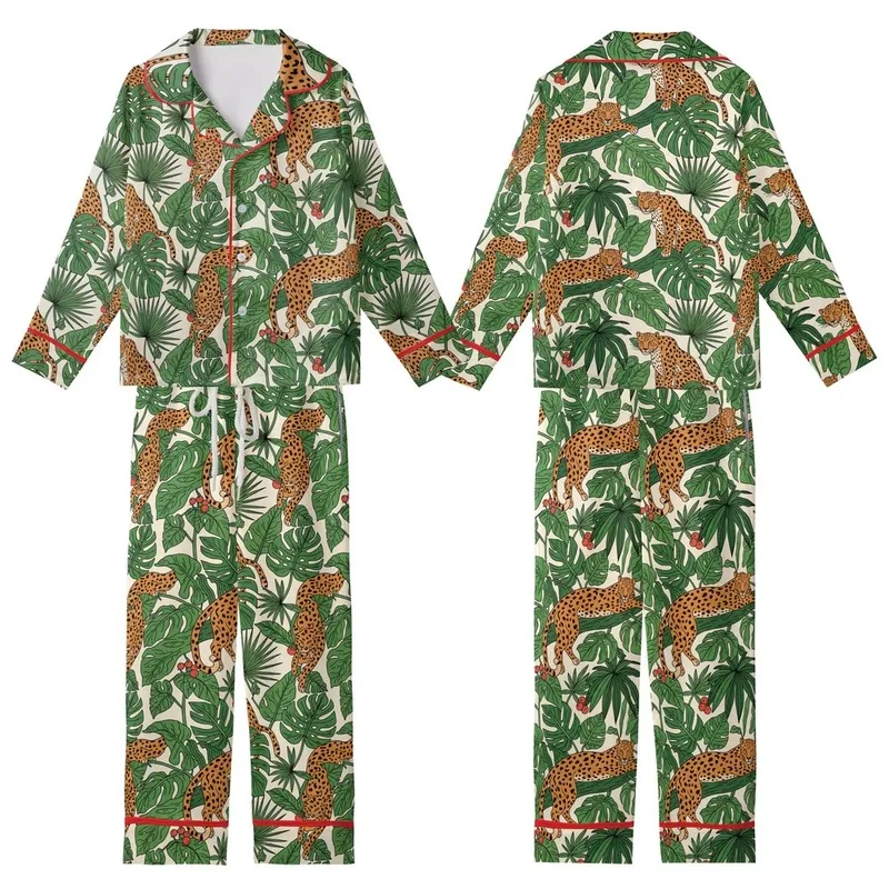 Safari Aesthetic: Hand-Drawn Lounging Leopards Tropical Jungle Repeat Pattern Kid Satin Pajamas Set - 1
