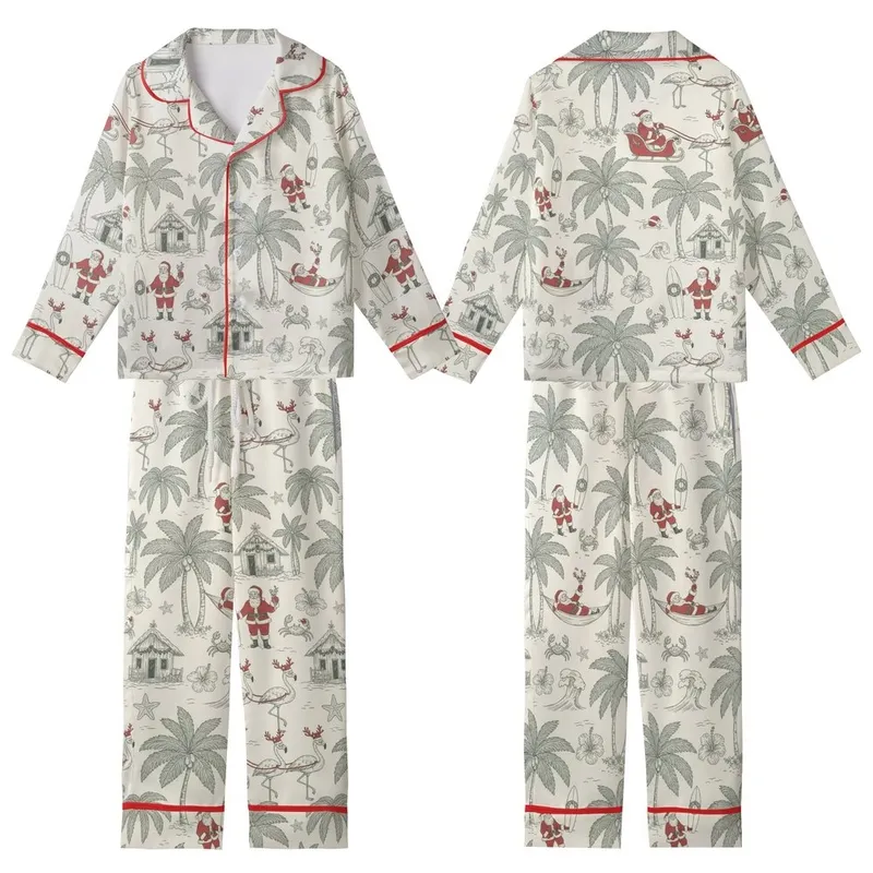 Vintage Tropical Christmas Design Pattern: Santa Flamingo Reindeer Beach Palm Toile Engraving Kid Satin Pajamas Set - 1