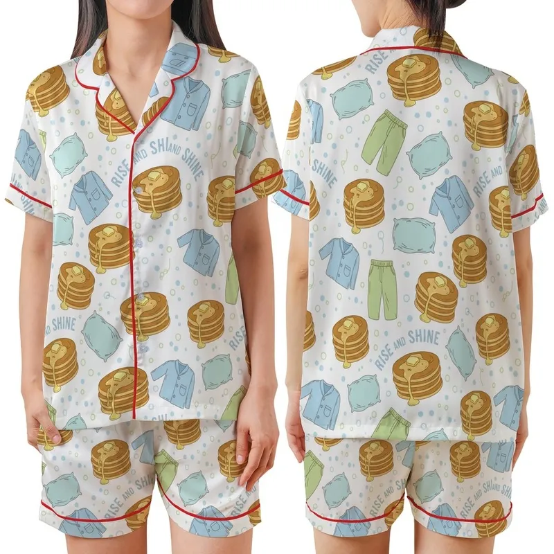 Pancakes & Pajamas Theme: Whimsical Golden Breakfast & Cozy Blue Green Pattern Pajamas Satin Short-Sleeve Pajamas Set - 1