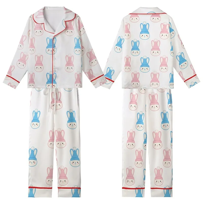 Adorable Chenille Bunny Pattern: Sky Blue & Pink Stylized Rabbit Seamless Print Kid Satin Pajamas Set - 1