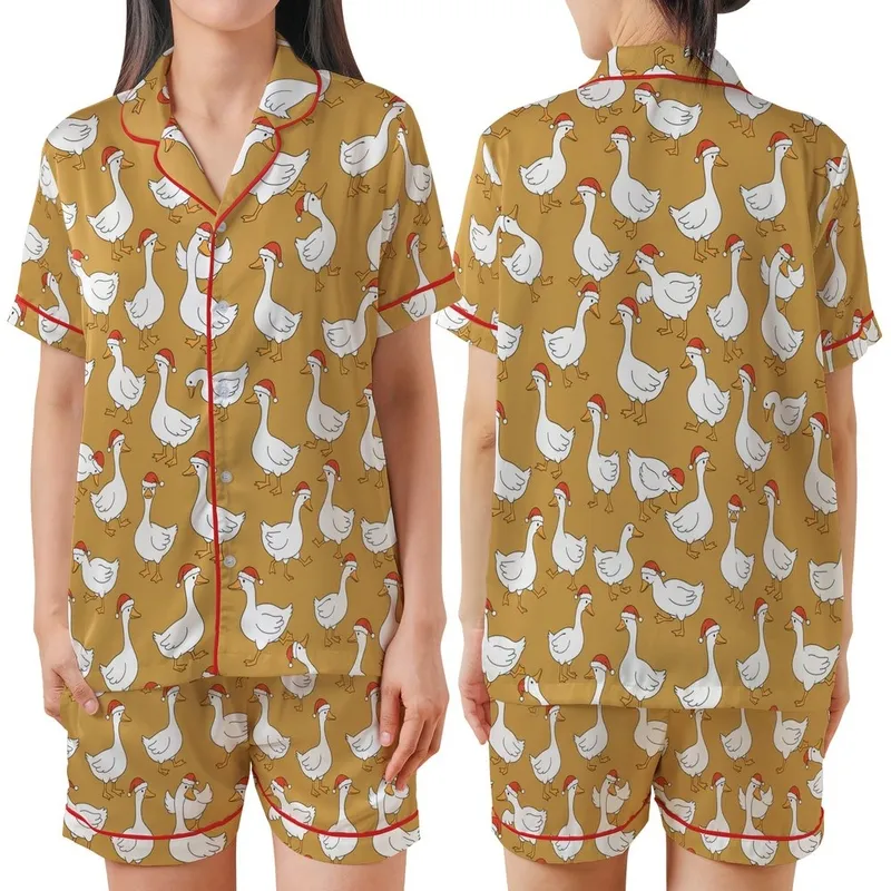 Women's Funny White Geese Christmas Pajama Set with Santa Hats Satin Short-Sleeve Pajamas Set - 1