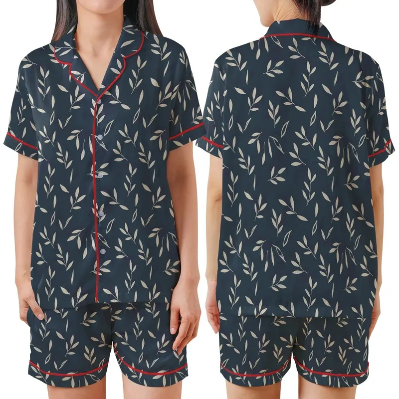 Juliette Women's French Linen Pajamas: Charcoal Blue Organic Leaf Sleep Set Satin Short-Sleeve Pajamas Set - 1