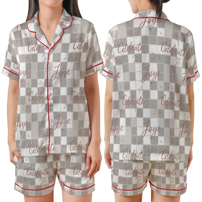 Women's Personalized Sleep Set: Taupe Gingham 'Love Joy Celebrate' Script Lounge Wear Satin Short-Sleeve Pajamas Set - 1