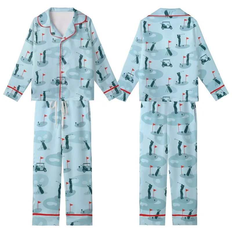 Golf Enthusiast: Seamless Golf Course Silhouette Pattern - Flat Graphic Art Print Kid Satin Pajamas Set - 1
