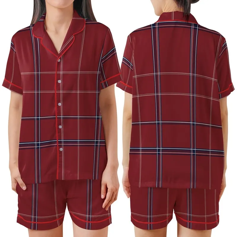 Women's Deep Crimson Tartan Plaid Flannel Sleepwear Set: Navy & White Pattern Satin Short-Sleeve Pajamas Set - 1