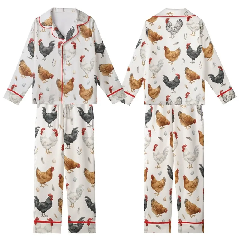 Women's Valentine Coquette Watercolor Farm Fowl Pajamas: Rooster, Hen & Wildflower Print Kid Satin Pajamas Set - 1