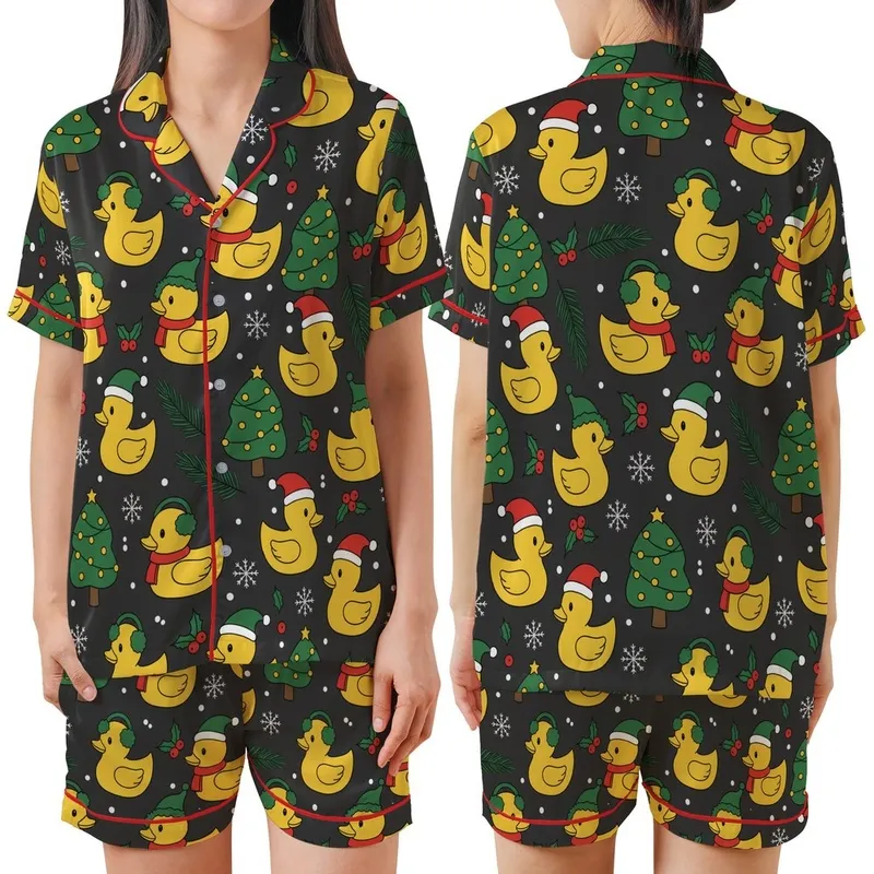 Festive Fan: Whimsical Christmas Duck Pattern with Santa Hats & Holly Berries - Unique Motif Satin Short-Sleeve Pajamas Set - 1