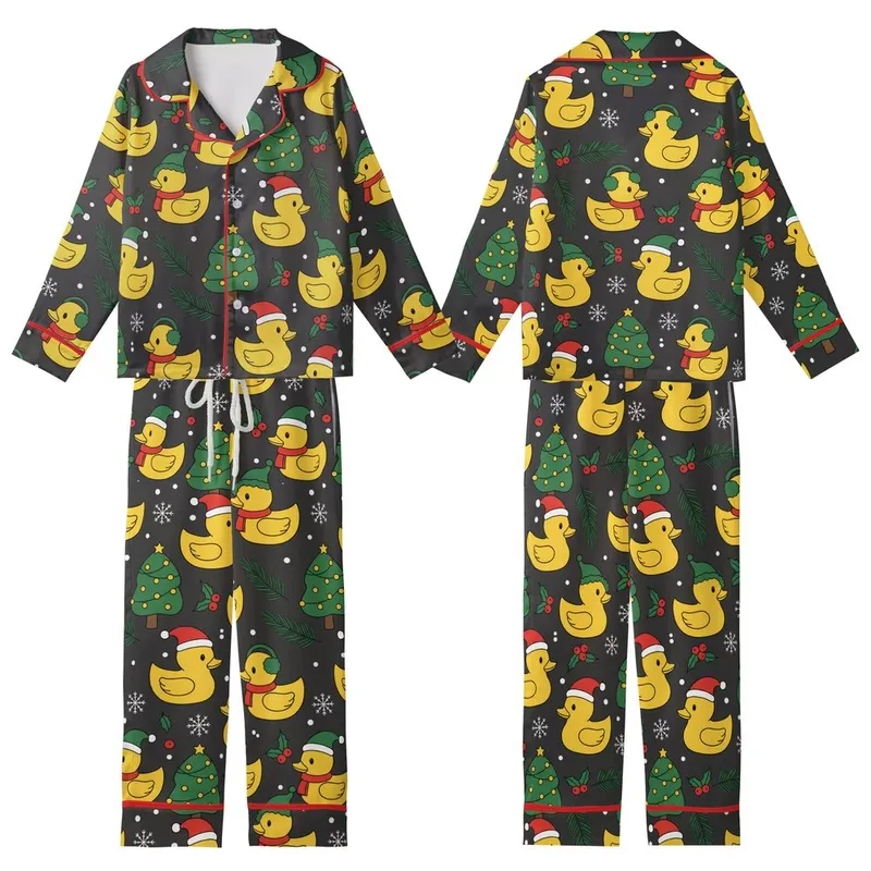 Festive Fan: Whimsical Christmas Duck Pattern with Santa Hats & Holly Berries - Unique Motif Kid Satin Pajamas Set - 1