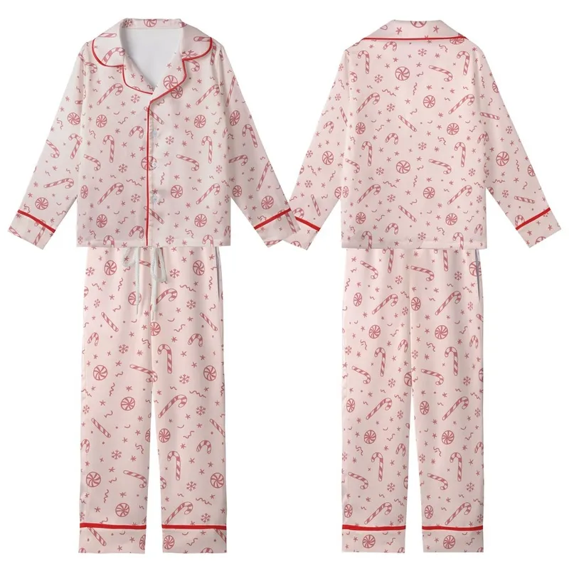 Winter Sweetheart: Playful Two-Tone Rose Candy Cane & Peppermint Pattern - Blush Pink Holiday Motif Kid Satin Pajamas Set - 1
