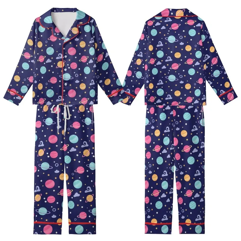 Adult Stardust Playful Cosmic Planets, Stars & Nebulae Bamboo Comfort Loungewear Kid Satin Pajamas Set - 1