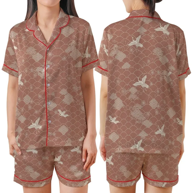 Japanese Art Lover: Terracotta-Rose Seigaiha Wave, Sakura & Crane All-Over Print Satin Short-Sleeve Pajamas Set - 1