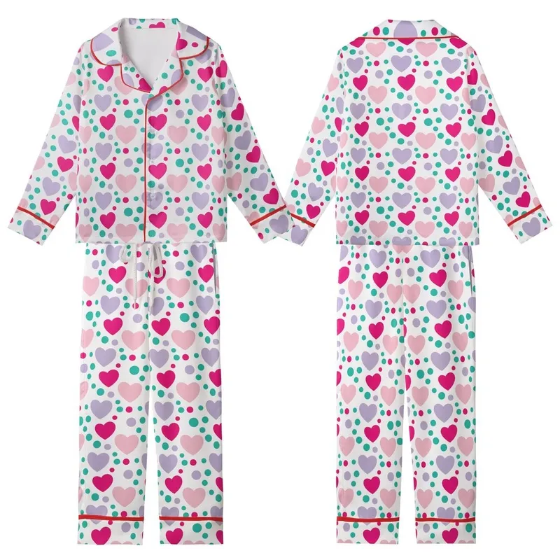 Playful Hearts Pattern: Fuchsia Pink Purple Stylized Dot Art - Whimsical White Background Print Kid Satin Pajamas Set - 1