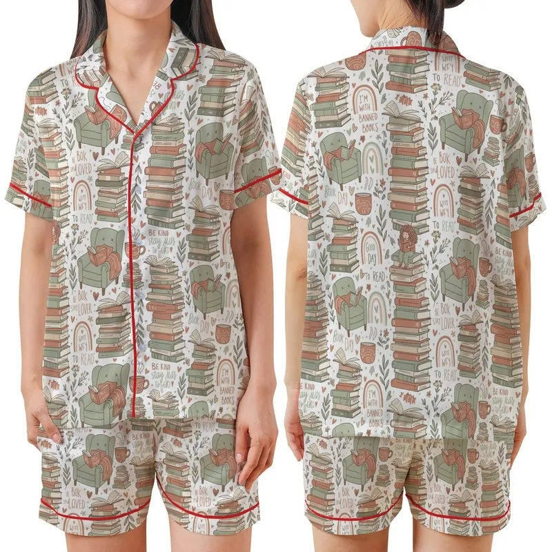 Women's Book Lover Satin Pajamas: Whimsical Literary 'Banned Books' Print Sleep Set Satin Short-Sleeve Pajamas Set - 1