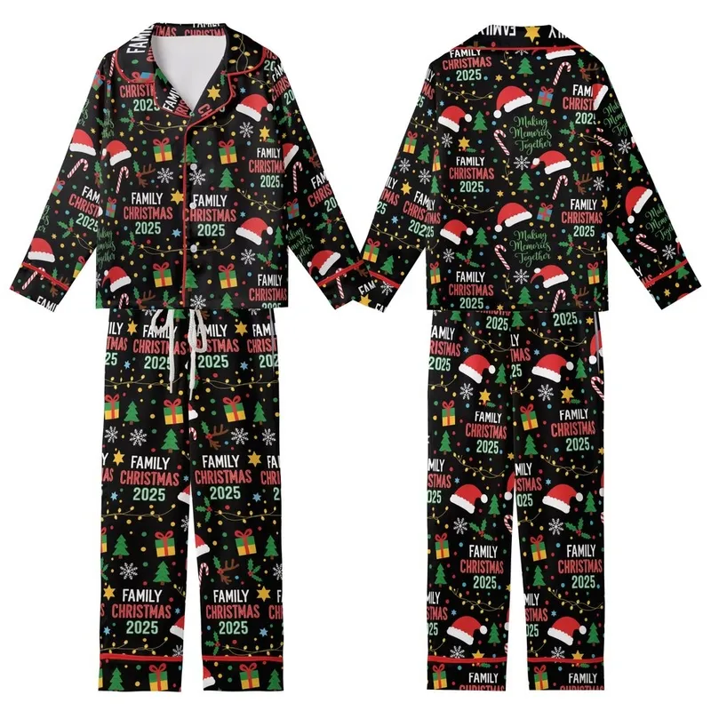 Family Christmas 2025 Celebration: Cheerful 'Making Memories' Seamless Pattern Design Kid Satin Pajamas Set - 1