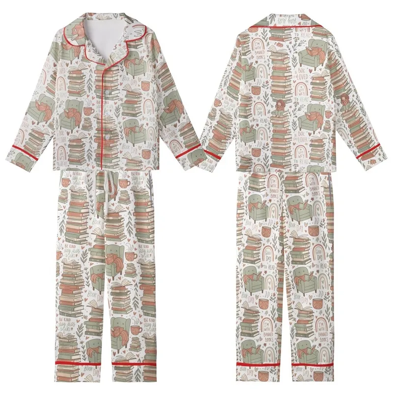 Women's Book Lover Satin Pajamas: Whimsical Literary 'Banned Books' Print Sleep Set Kid Satin Pajamas Set - 1