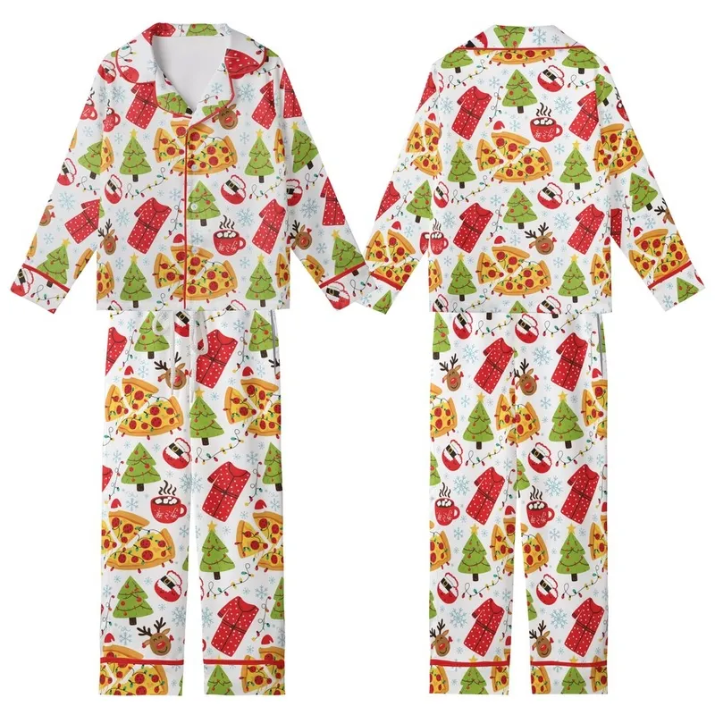 Whimsical Pizza Christmas: Hand-Drawn Holiday Food Pattern with Reindeer & Cocoa Print Kid Satin Pajamas Set - 1