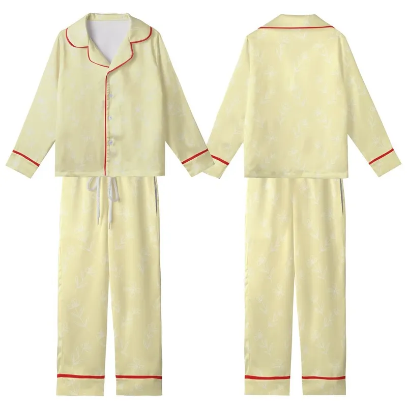 Women's Muslin Cotton Pajamas: Delicate Pale Yellow Wildflower Botanical Print - Breathable Sleepwear Kid Satin Pajamas Set - 1
