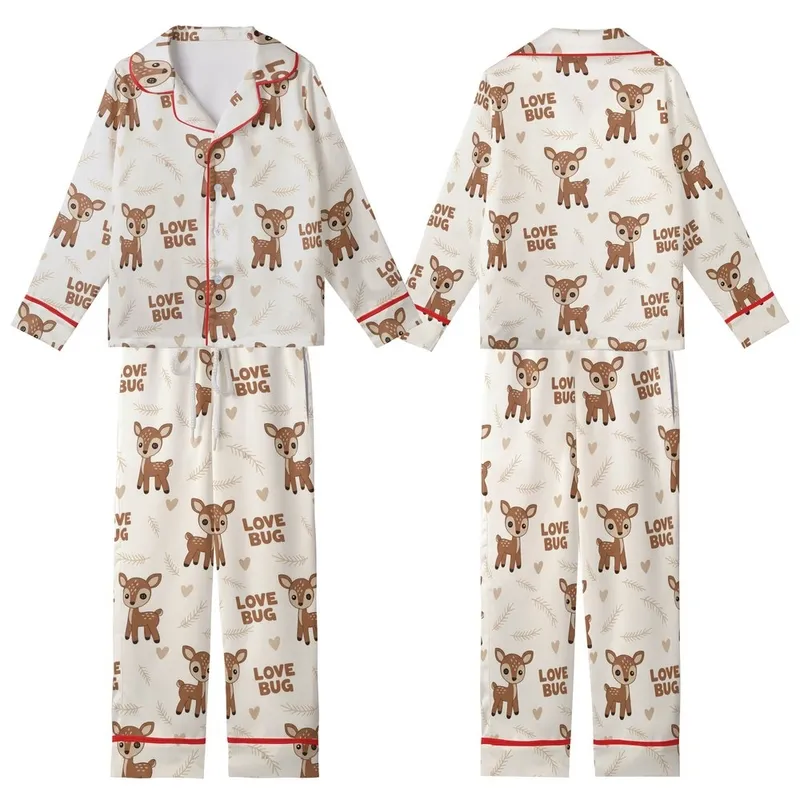 Gentle Loungewear: Cream Crocheted-Look Baby Deer & Love Bug Print Pajama Set Kid Satin Pajamas Set - 1