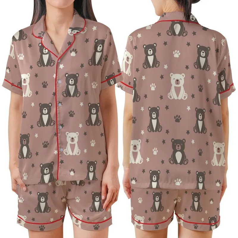 Cozy Bear Lover: Dusty Rose Taupe Whimsical Cartoon Bear Paw Print Comfort Wear Satin Short-Sleeve Pajamas Set - 1