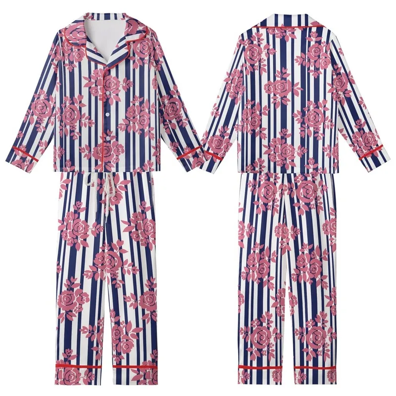 Women's Hand Block Printed Cotton Pajama Set: Navy Stripe & Pink Floral Motif Kid Satin Pajamas Set - 1