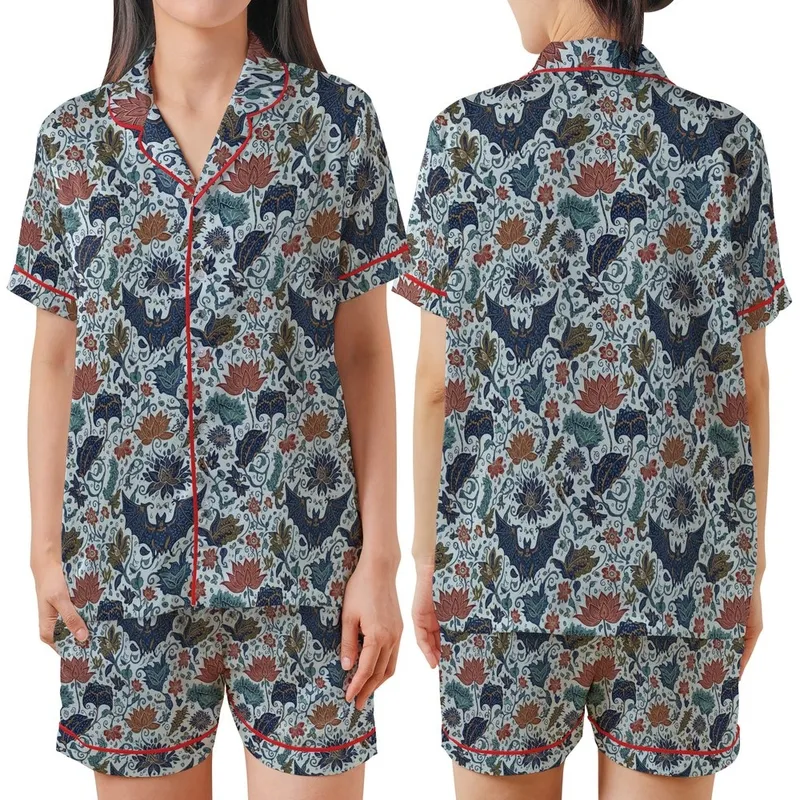 Seamless Batik Artwork: Stylized Bat Lotus Vine Repeat Pattern - Muted Indigo Design Satin Short-Sleeve Pajamas Set - 1