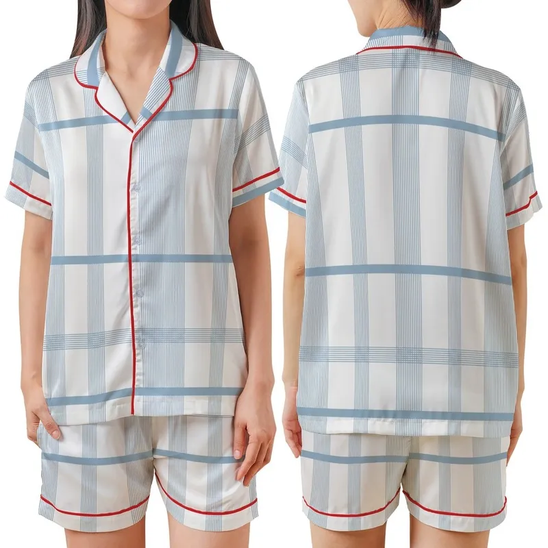 Women's Light Blue Windowpane Plaid Muslin Cotton Summer Lounge Sleepwear Set Satin Short-Sleeve Pajamas Set - 1