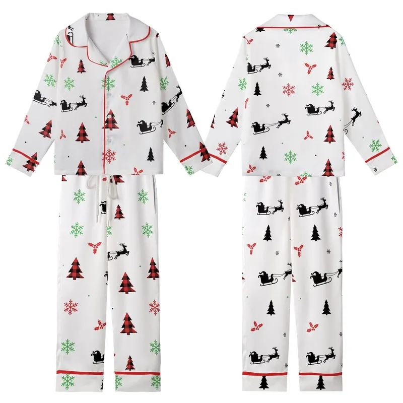 Holiday Decor: Rustic Reindeer Sleigh Seamless Pattern with Buffalo Plaid & Holly Kid Satin Pajamas Set - 1