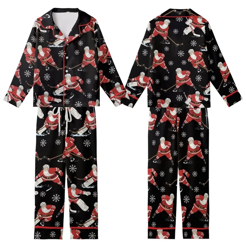 Santa Hockey Game: Dynamic Christmas Skaters & Snowflakes All-Over Pattern – Holiday Graphic Kid Satin Pajamas Set - 1